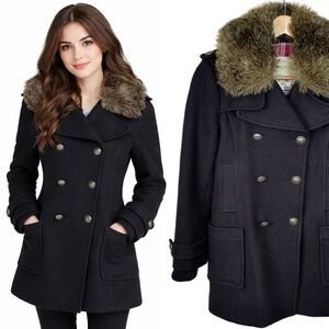 Aritzia Community Black Wool Winter Coat with Faux Fur Collar XS